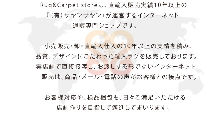 Rug&Carpet storeは、直輸入販売実績10年以上の『（有）サヤンサヤン』が運営するインターネット通販専門ショップです。小売販売・卸・直輸入仕入の10年以上の実績を積み、品質、デザインにこだわった輸入ラグを販売しております。実店舗で直接接客し、お渡しする形でないインターネット販売は、商品・メール・電話の声がお客様との接点です。お客様対応や、検品梱包も、日々ご満足いただける店舗作りを目指して邁進してまいります。