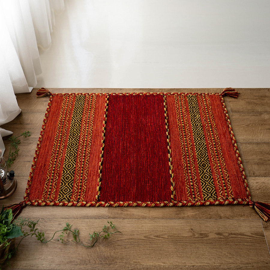 インド綿を使った手織りのキリム柄玄関マット 約60x90 cm｜輸入絨毯