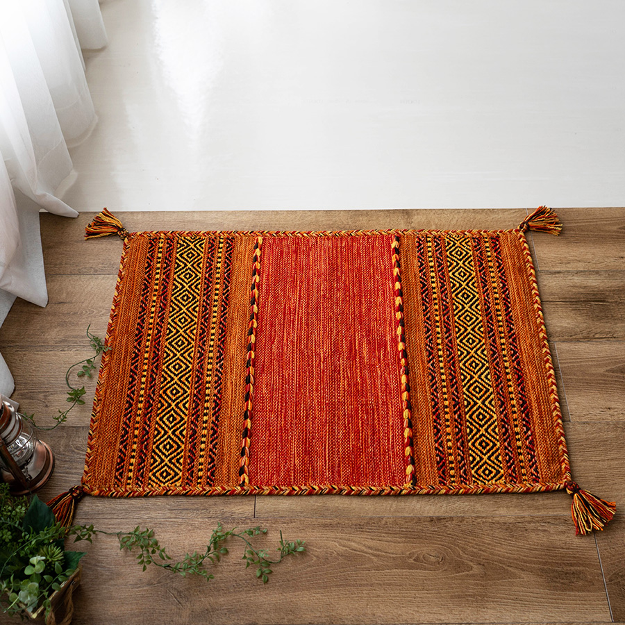 インド綿を使った手織りのキリム柄玄関マット 約70x120 cm｜輸入絨毯